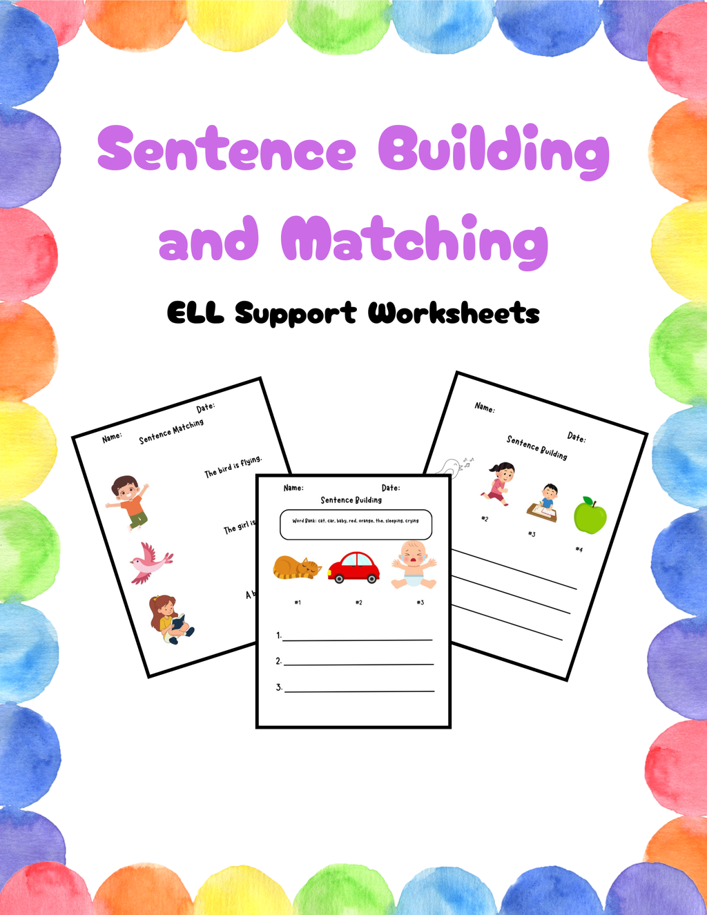 Sentence building and matching worksheets for ELL support by Happy Suns Learning Co., featuring colorful exercises for language practice.