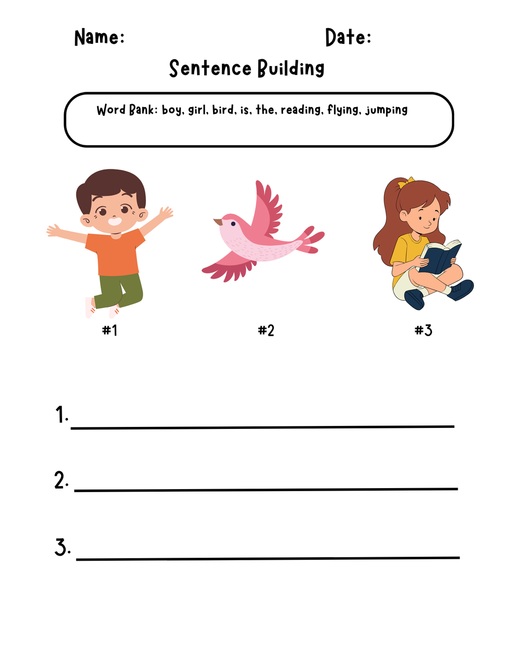 Bright worksheet showing sentence building and matching activities for ELL support by Happy Suns Learning Co.