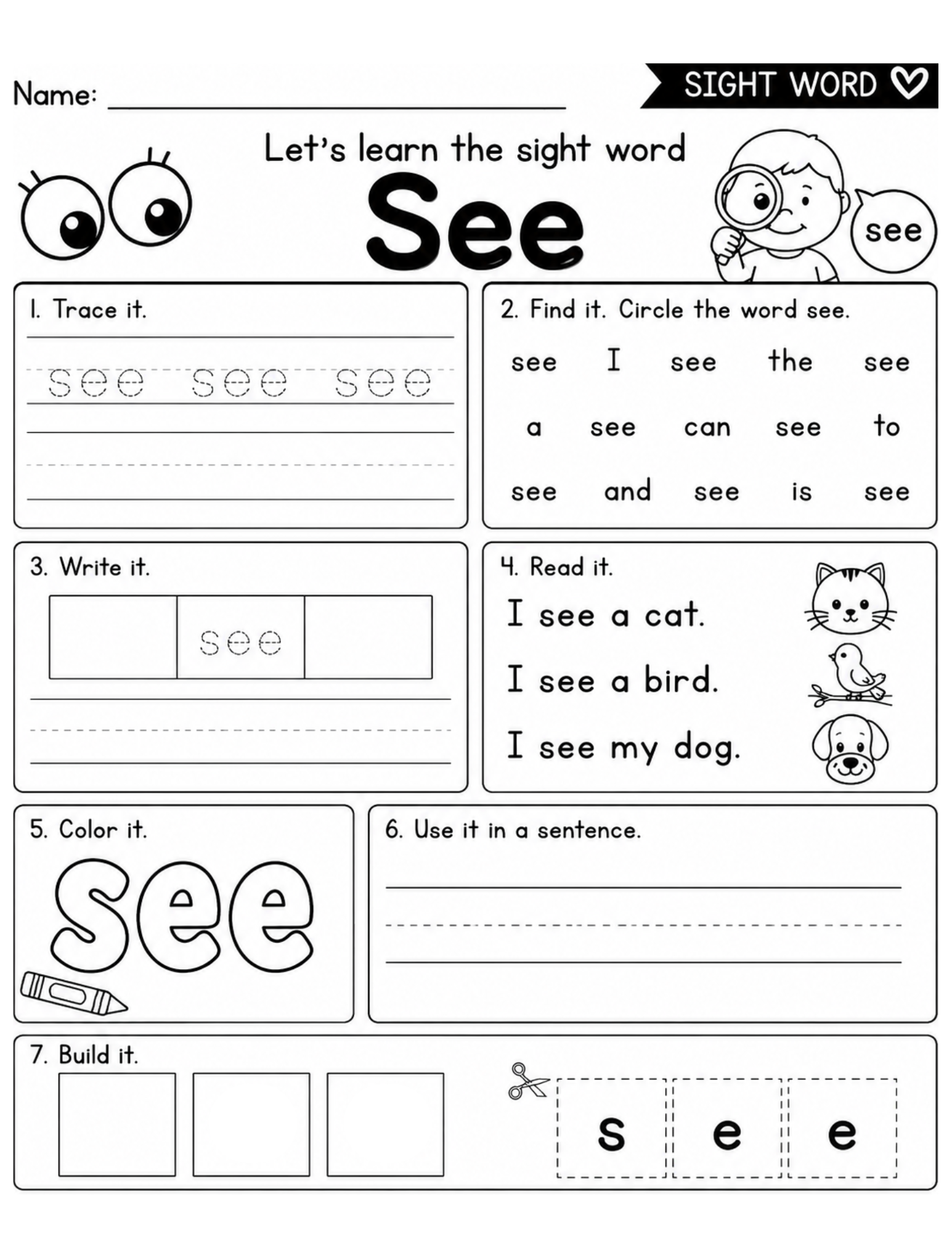 Colorful kindergarten sight word worksheets from Happy Suns Learning Co., featuring 30 no-prep practice pages for early reading skills.