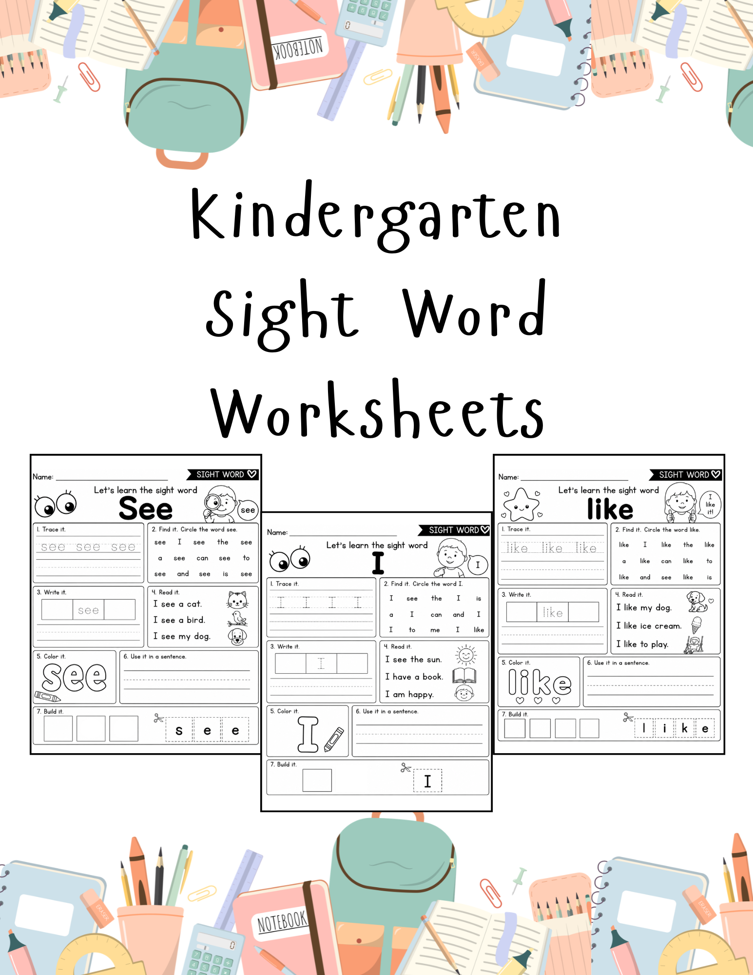 Printable kindergarten sight word worksheets by Happy Suns Learning Co., featuring 30 no prep practice pages for early reading skills.
