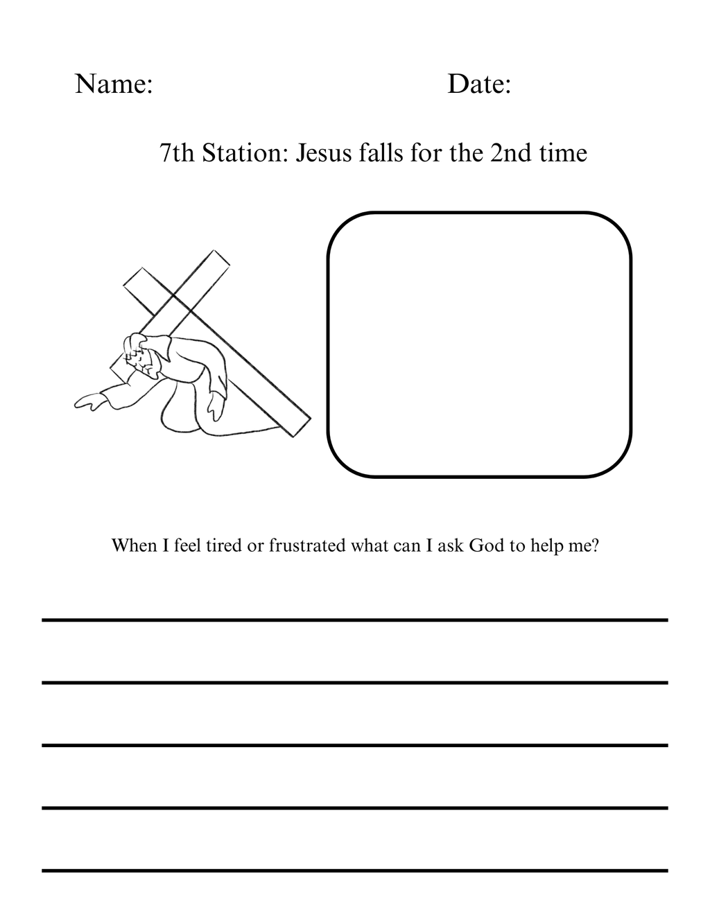 Reflection questions and writing pages for Stations of the Cross 7-15, designed for educational use by Happy Suns Learning Co.