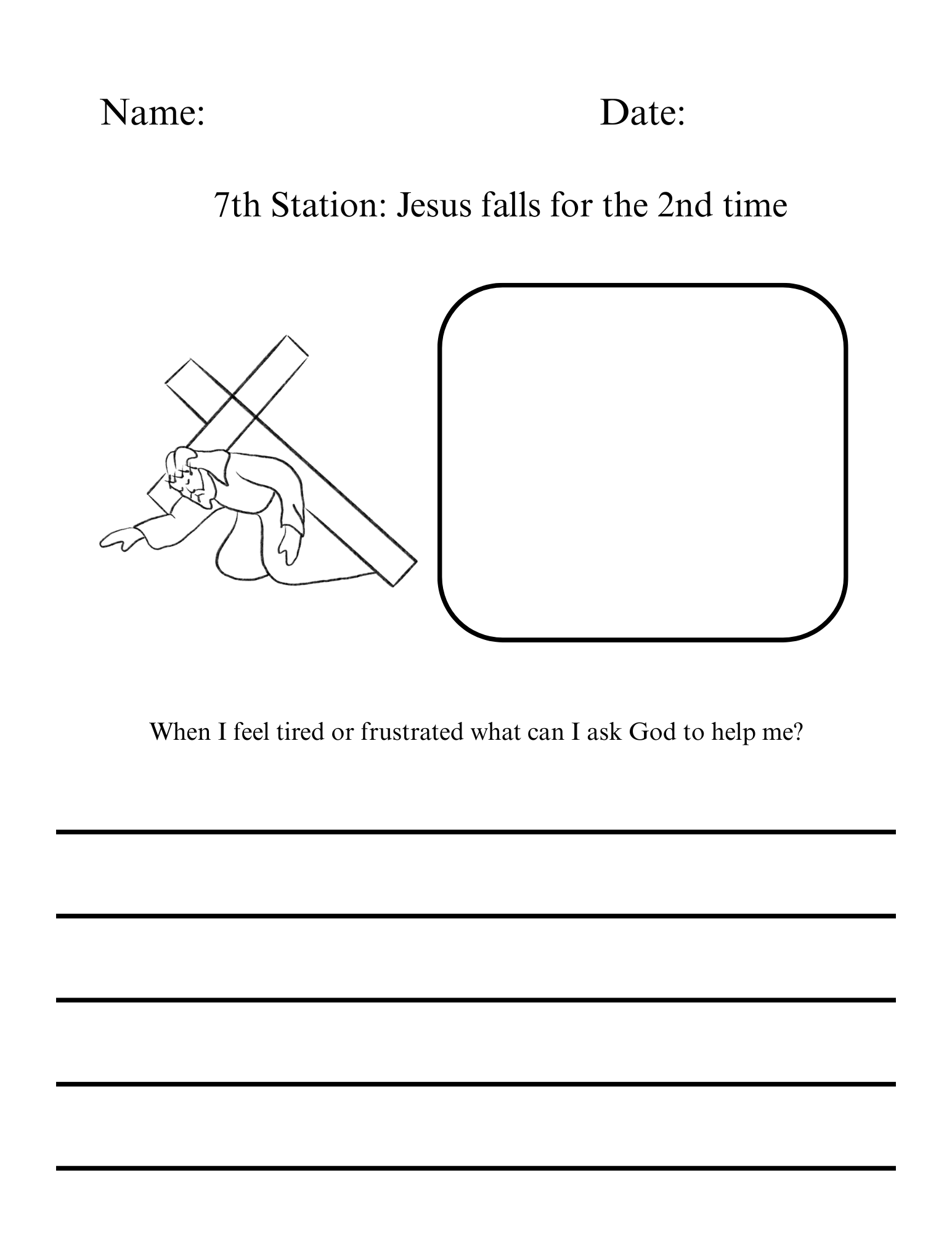 Reflection questions and writing pages for Stations of the Cross 7-15, designed for educational use by Happy Suns Learning Co.