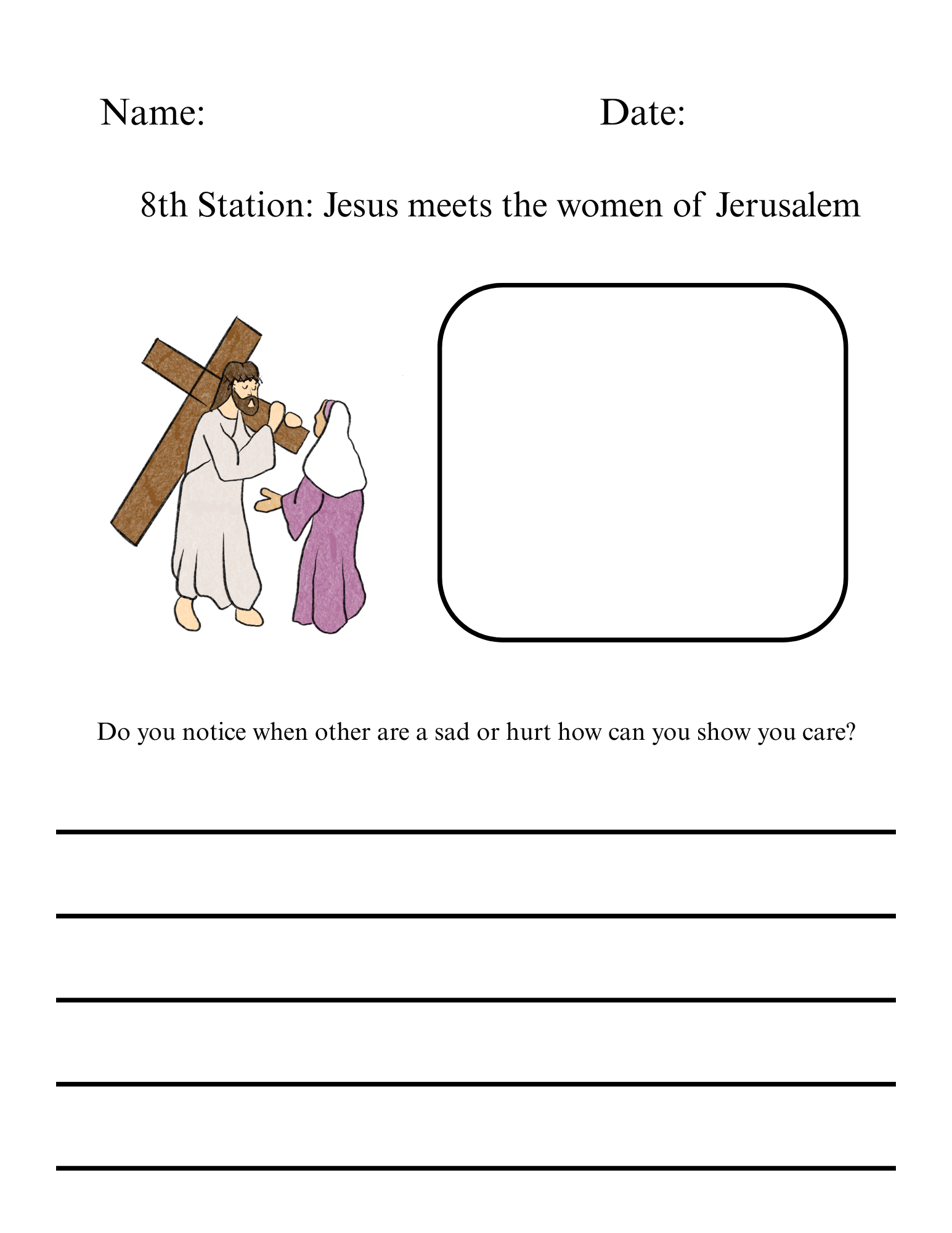 Reflection questions and writing pages for Stations 7-15 of the Stations of the Cross, with images of the stations and related prompts.