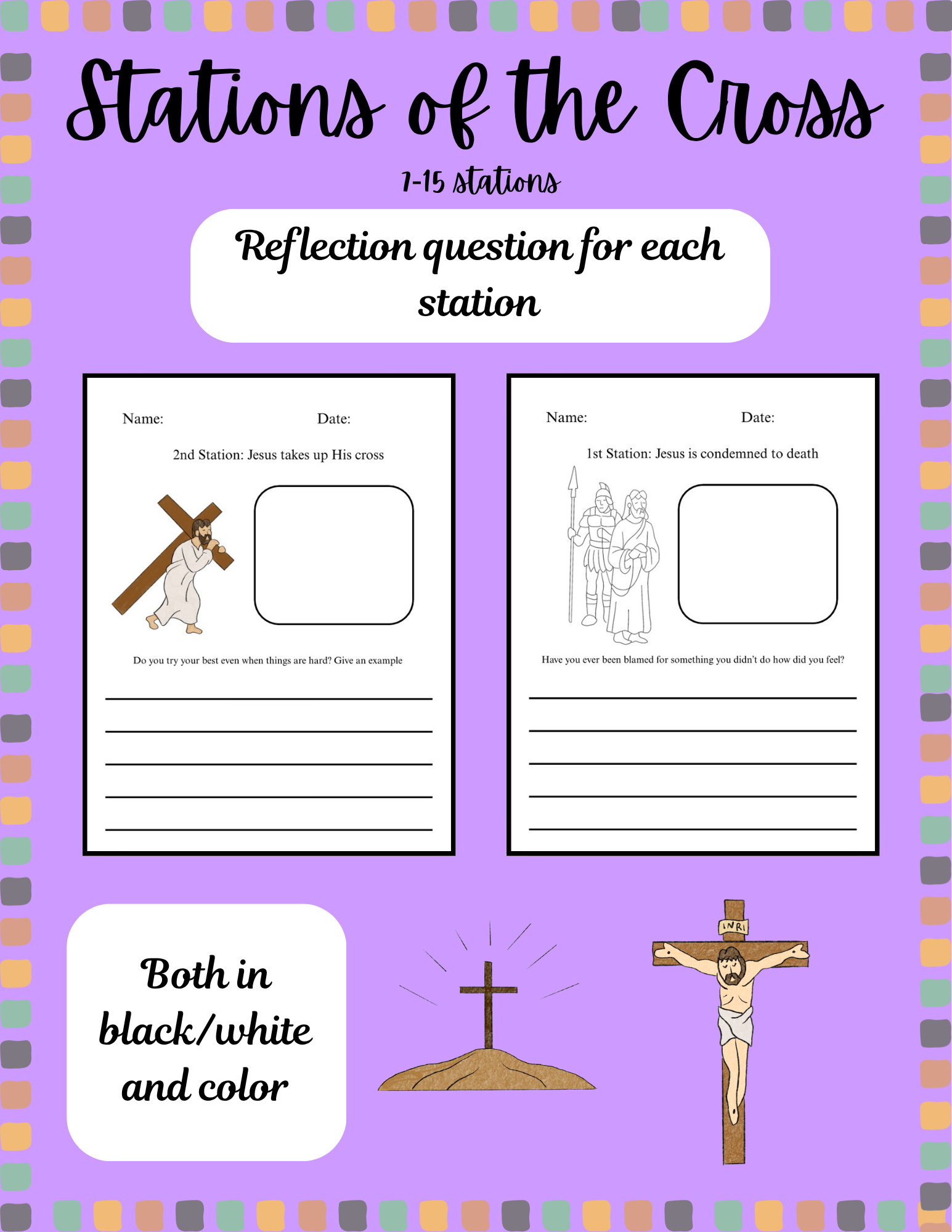 Reflection questions and writing pages for Stations 7-15 of the Stations of the Cross, by Happy Suns Learning Co.