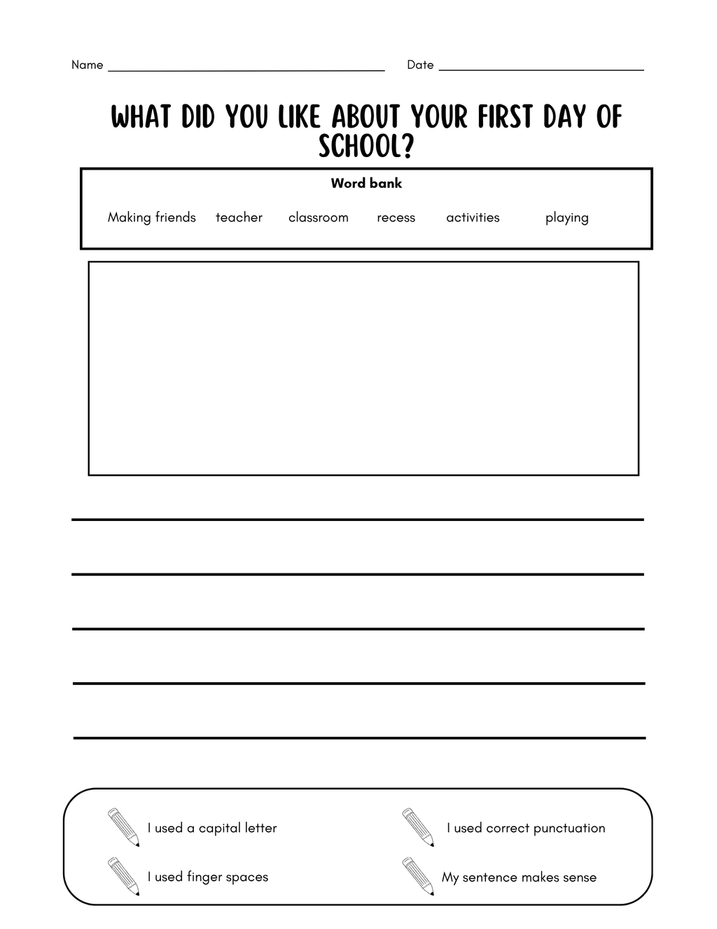 Black and white editable writing prompt worksheets for kindergarten and first grade by Happy Suns Learning Co.