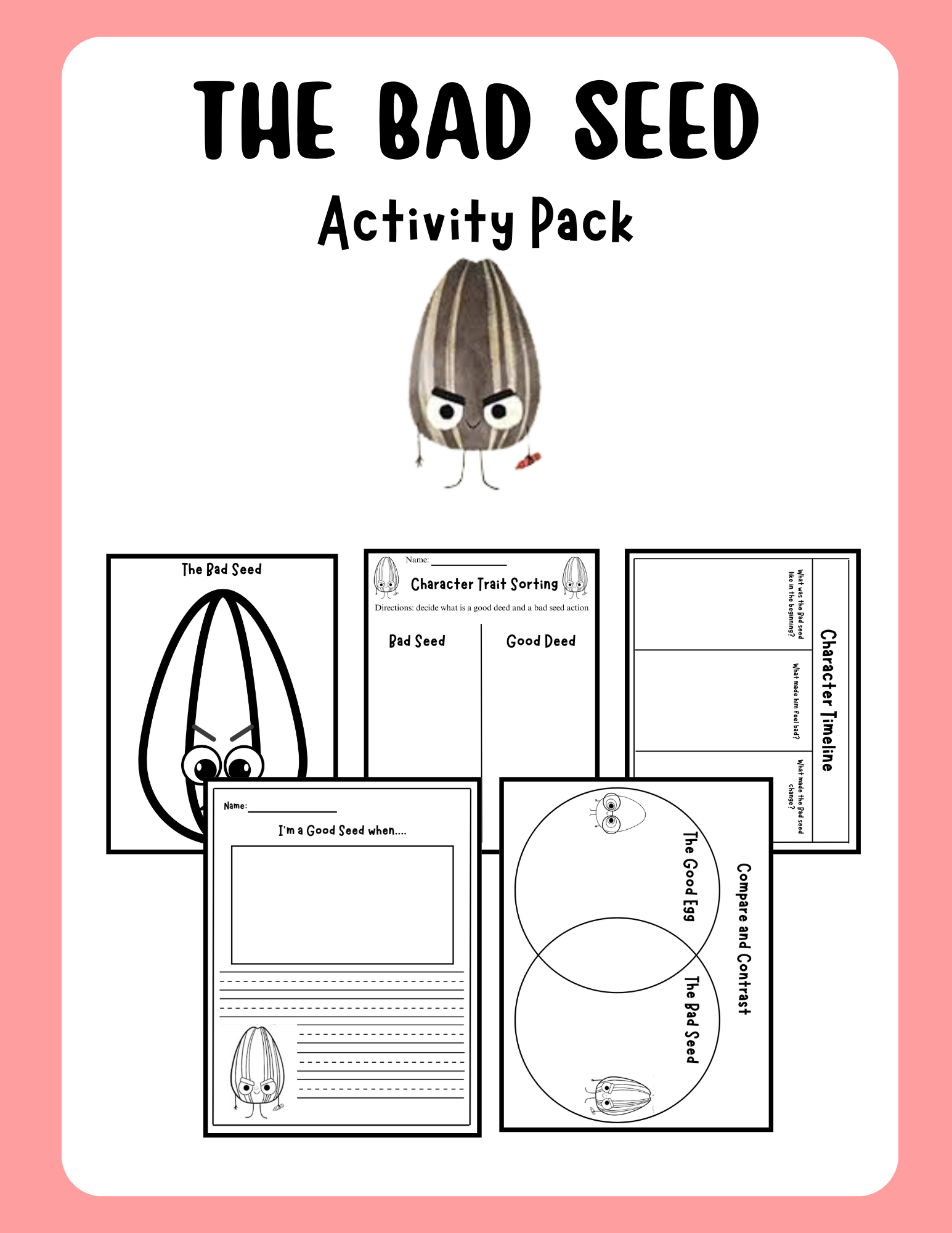 The Bad Seed Activity Pack by Happy Suns Learning Co. featuring colorful educational activities and materials for kids.