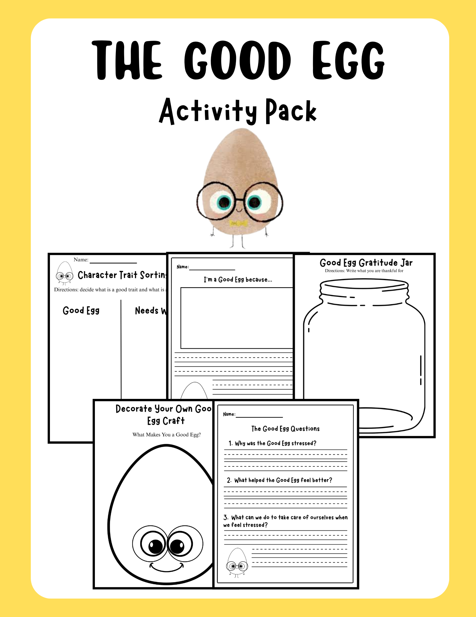The Good Egg Activity Pack by Happy Suns Learning Co. features colorful educational materials and illustrations inspired by The Good Egg.