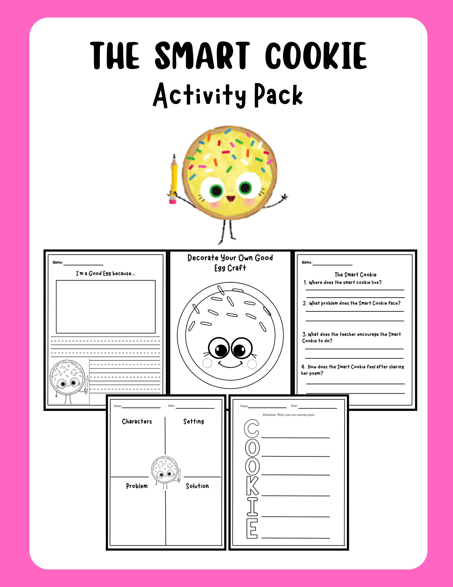 Colorful activity pack from Happy Suns Learning Co. featuring The Smart Cookie theme with engaging educational activities and materials.
