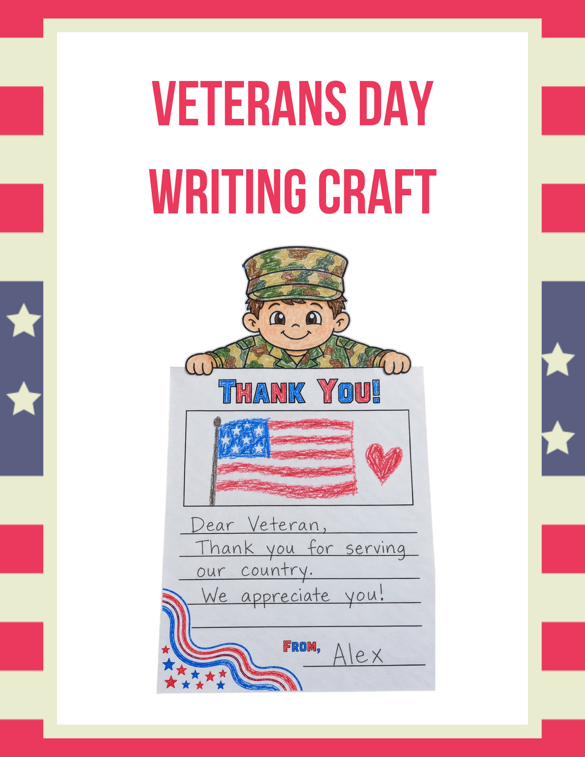 Veterans Day writing craft and reading activity for kids, featuring patriotic themed materials from Happy Suns Learning Co.