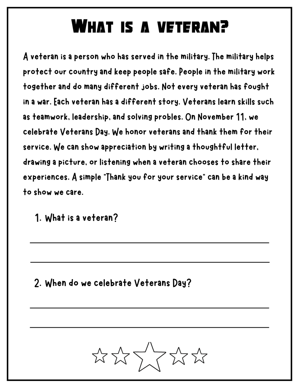 Veterans Day writing craft and reading activity from Happy Suns Learning Co. featuring patriotic-themed paper and craft materials.