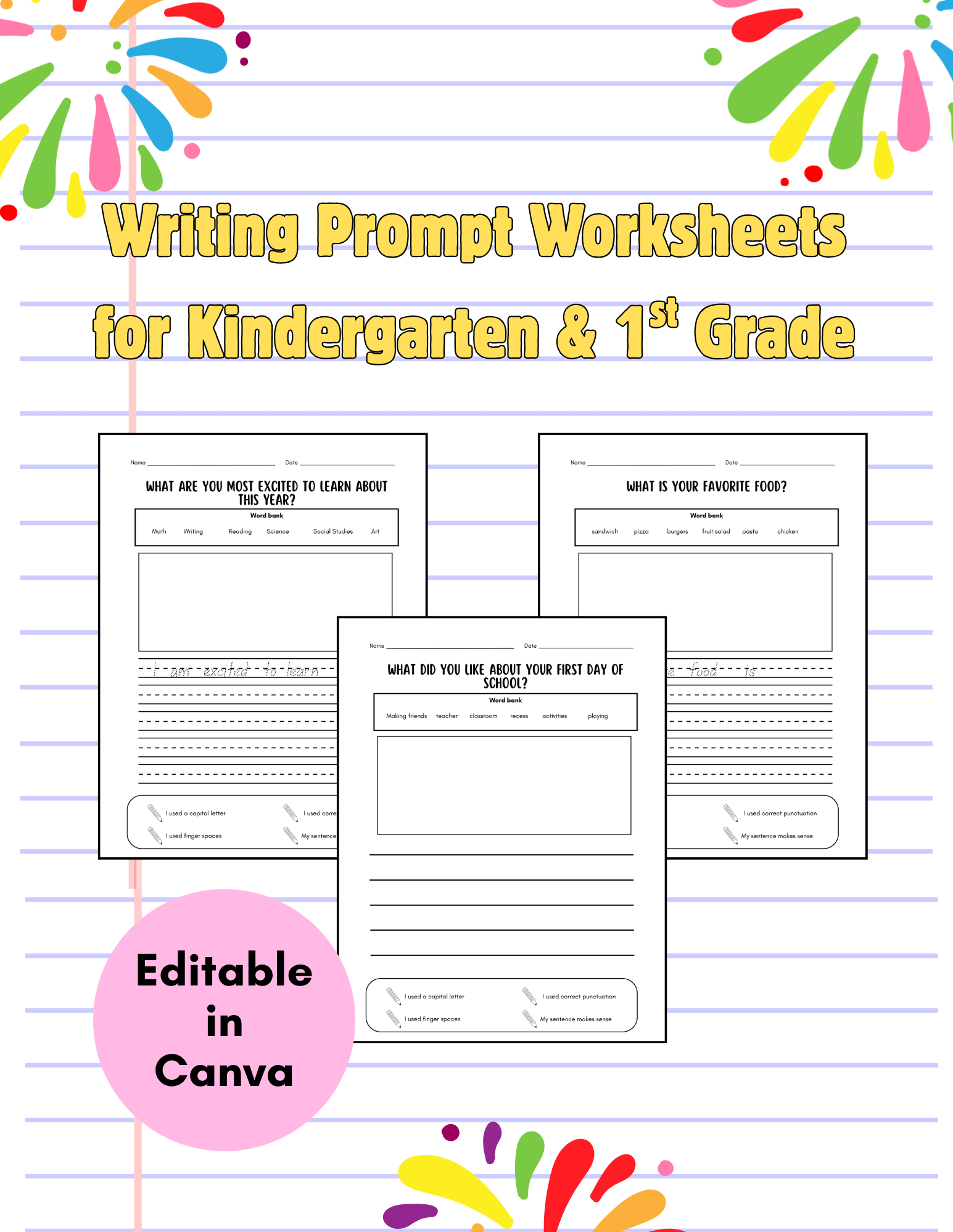Editable kindergarten and 1st grade writing prompt worksheets by Happy Suns Learning Co. featuring colorful writing activities for young learners.