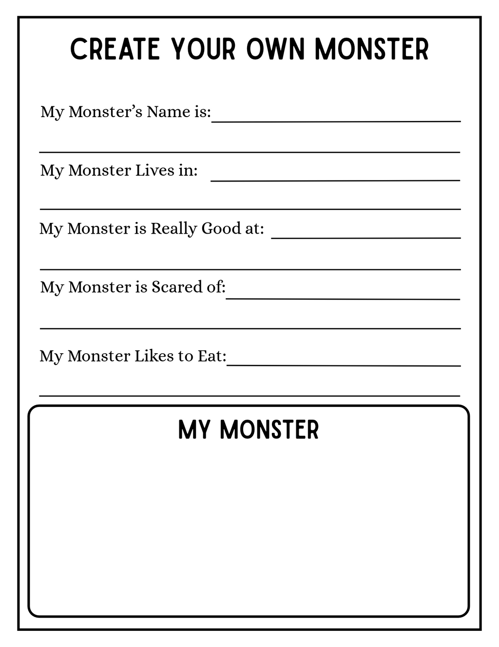 Create Your Own Monster Halloween creative writing worksheet by Happy Suns Learning Co., featuring colorful monster illustrations.
