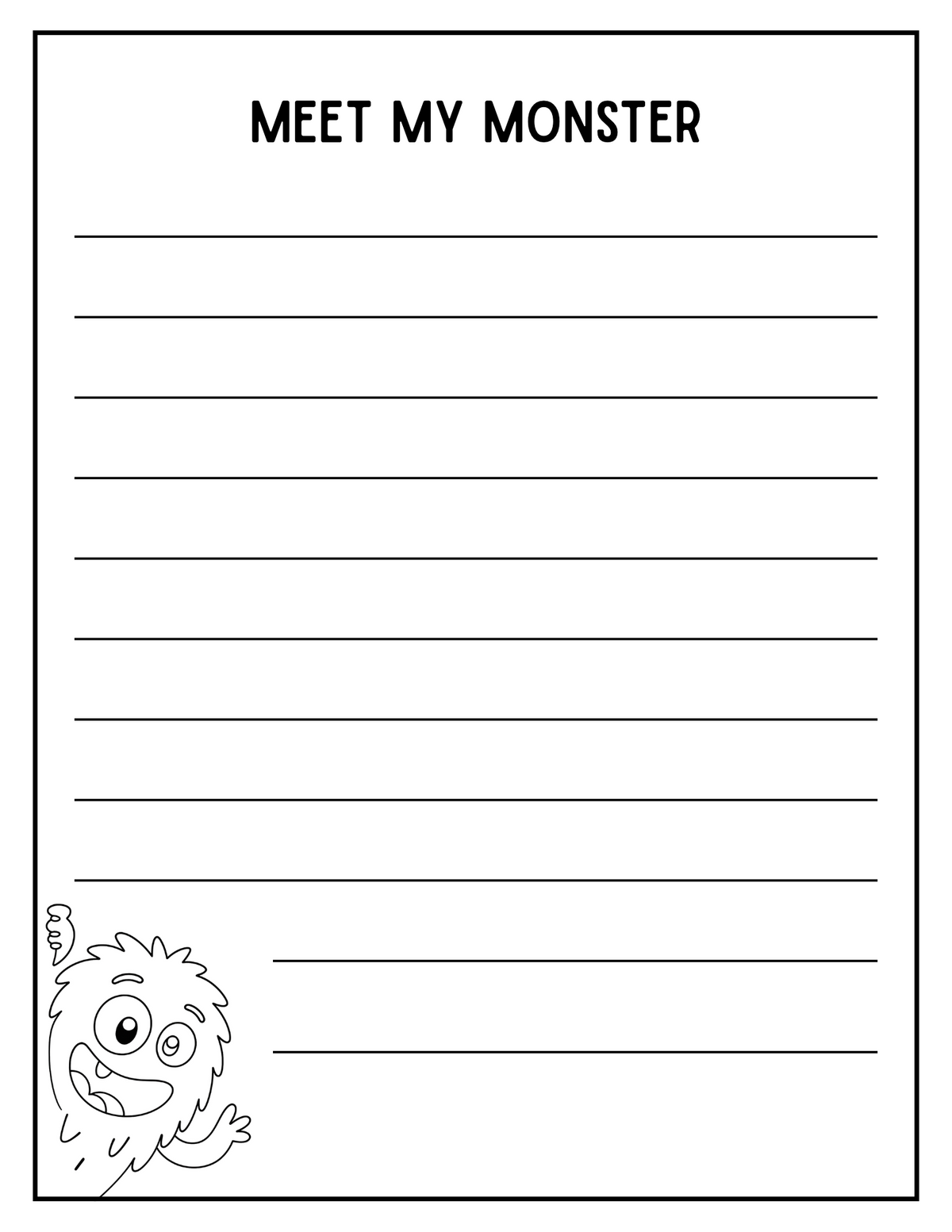Create Your Own Monster Halloween creative writing worksheet by Happy Suns Learning Co. featuring fun monster illustrations and writing prompts.